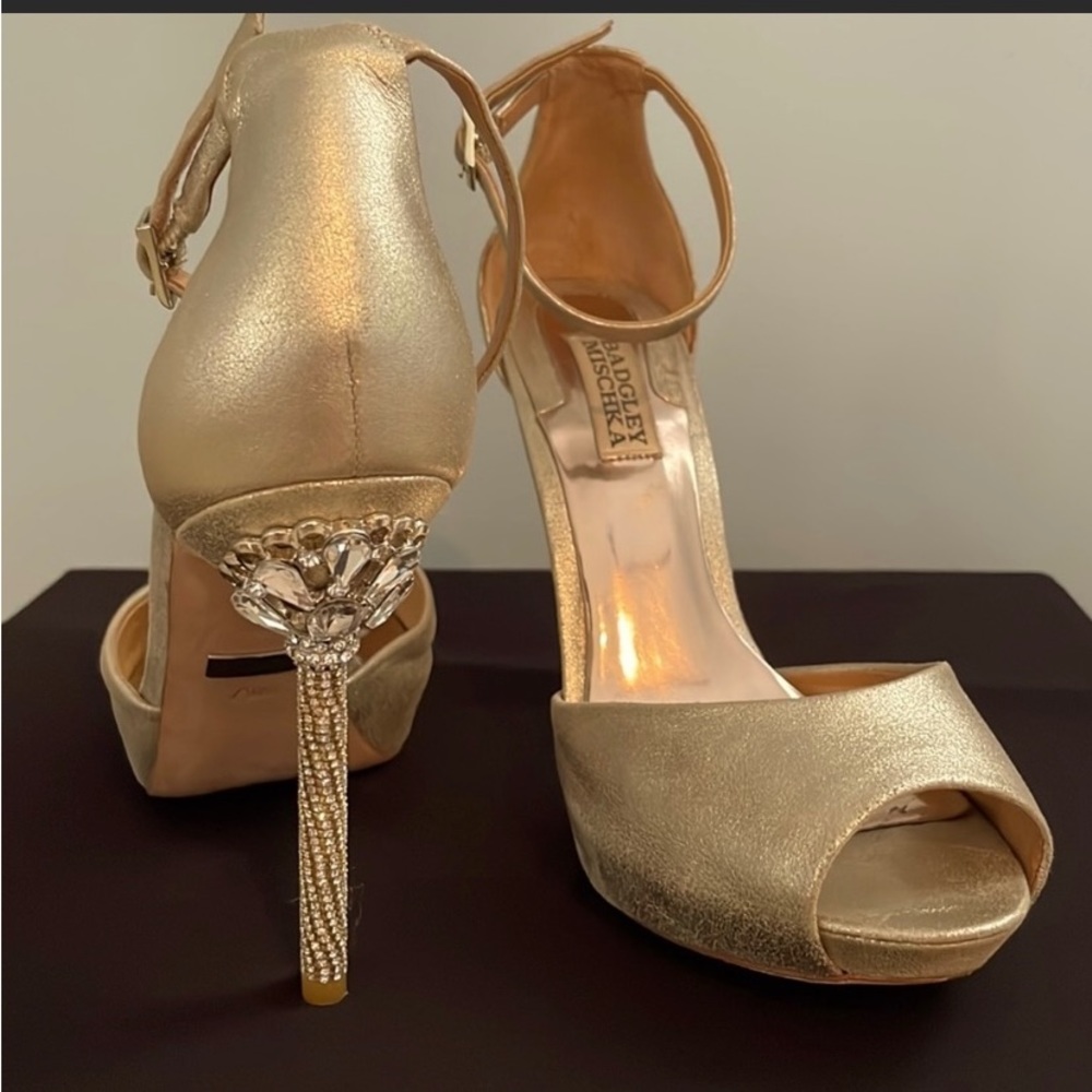 Badgley Mischka Gold Satin bejeweled heels Ankle Strap Shoe